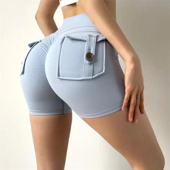 נשים ספורט מכנסי כיסים כושר סקסית גבוהה המותניים אימון לדחוף את שלל מועכת מכנסיים קצרים מכנסיים כושר רכיבה על אופניים צמודים