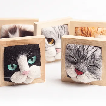 צמר הרגיש לתקוע לה ראש חתול מסגרת תמונה חתול קטיפה בובה תוצרת בית יצירתי מתנה בעבודת יד DIY חומרים להכנת צעצועים סרוגים