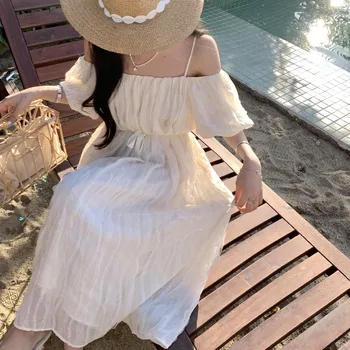 צרפתית ללא משענת מ לבן Condole החגורה חוף הולידי ביץ \ ' זה להראות את הרוח לצלם את השמלה