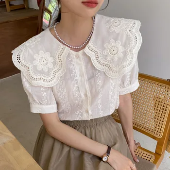 קוריאני שיק חולצות צווארון פיטר פן פאף שרוול בצבע אחיד רקמה, חולצות צרפתי אלגנטי קיץ כל התאמה נשים בגדים