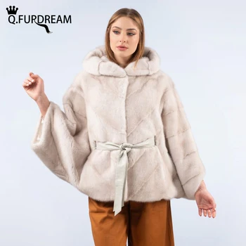 קיו FURDREAM אופנה פרל חורפן פרווה גלימה עם חגורת נשים אמיתיות יוקרה כל עור פרווה מעיל עם ברדס חורף חם, מעילים