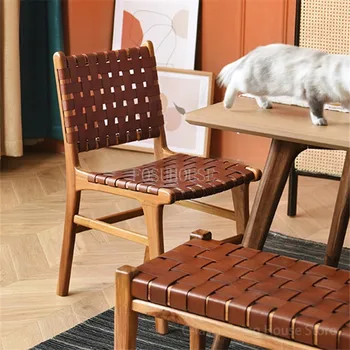 רטרו אוכף עור כיסא האוכל כסא עץ מלא כיסא יחיד ארוגים הכיסא נורדי פינת אוכל כיסאות מינימליסטי הביתה פנאי הכיסא