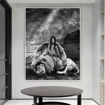 רטרו ילדה מלאך עם אריה אמנות 5d Diy יהלום ציור תמונה בשחור לבן יהלום רקמה מלאה ריבוע פסיפס עגול עיצוב