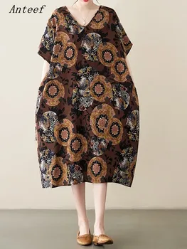שרוול קצר מנופחים כותנה פשתן בציר שמלות פרחוניים עבור נשים מזדמנים רופף ארוך שמלת הקיץ בגדים אלגנטיים 2023