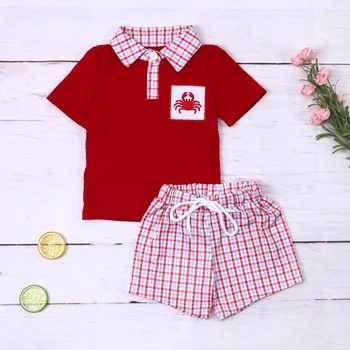 תינוק 1-8T תלבושות סריגי בבאבי בגדים להגדיר סרטן רקמה 2pcs בגד גוף שרוול בגדים אדומים החולצה פעוטות בנים מכנסיים קצרים